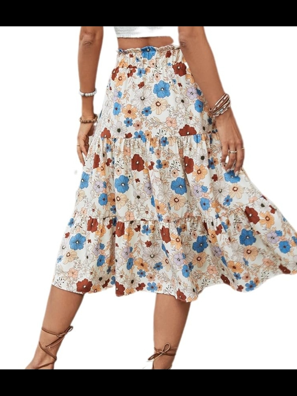 Tiered Floral Midi Skirt in Cream with Blue & Rust Flowers - Picture 3 of 5